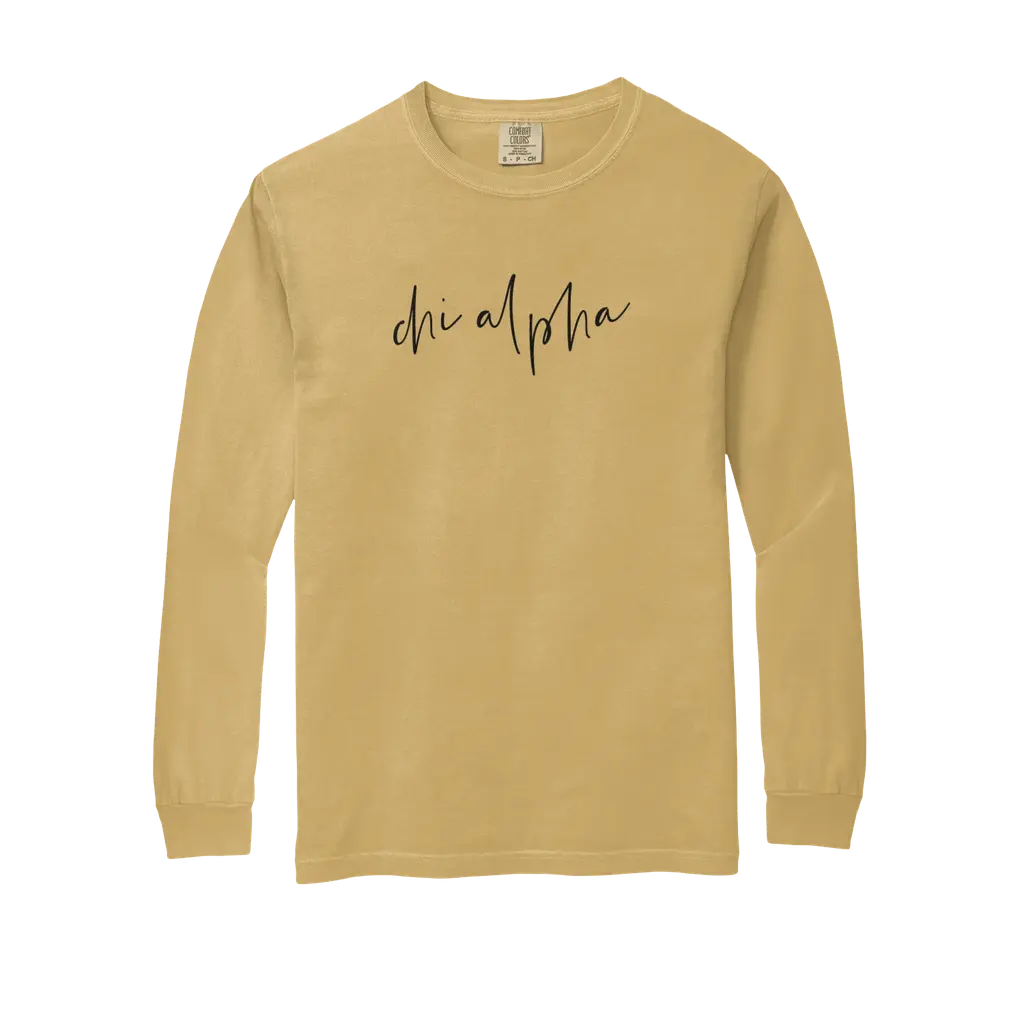 Chi Alpha Script Black Comfort Colors Long Sleeve