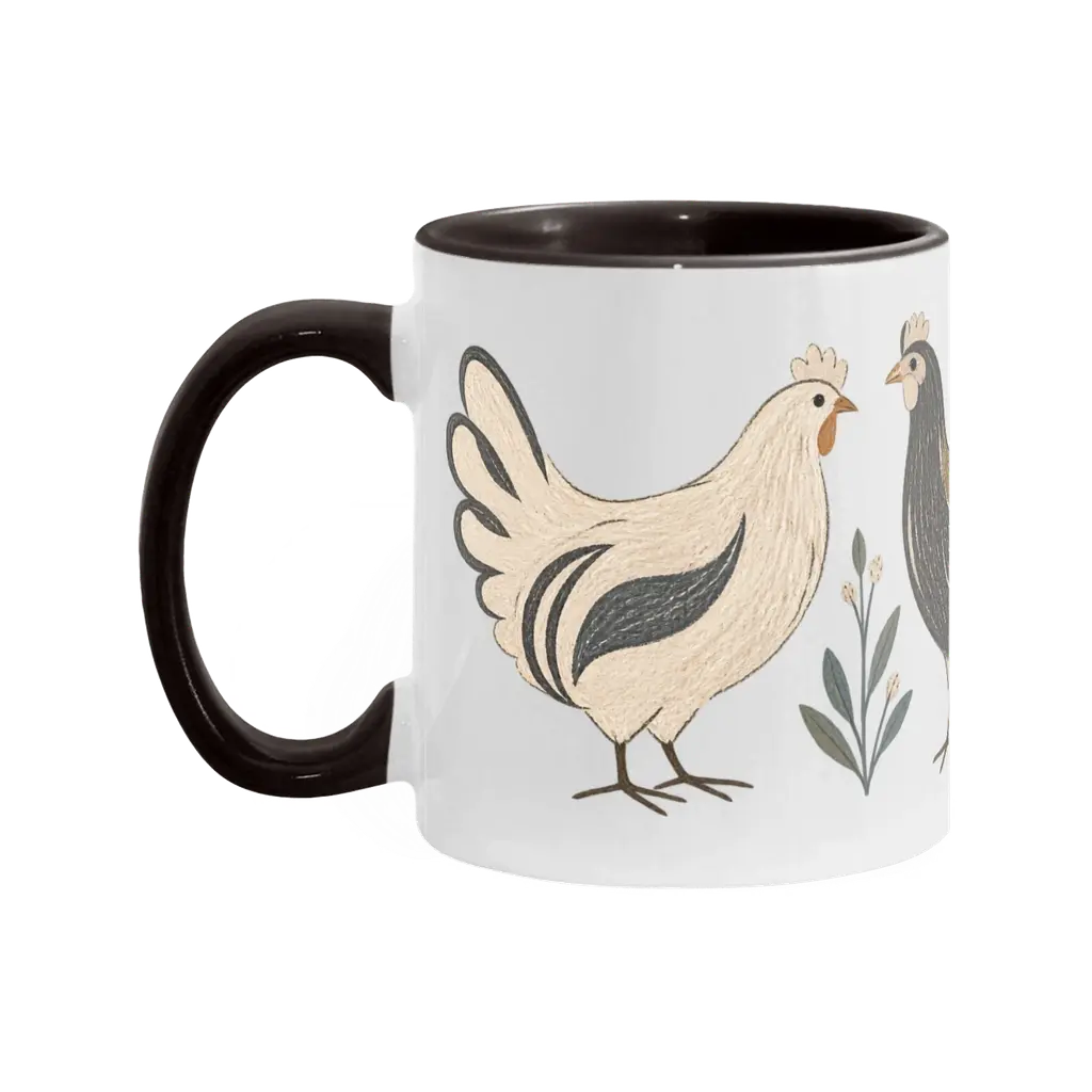 Three Painted Hens Black Mug